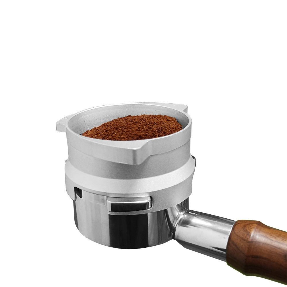 54mm dosing funnel fitted to a Breville-compatible portafilter with freshly ground coffee - Grind Logic