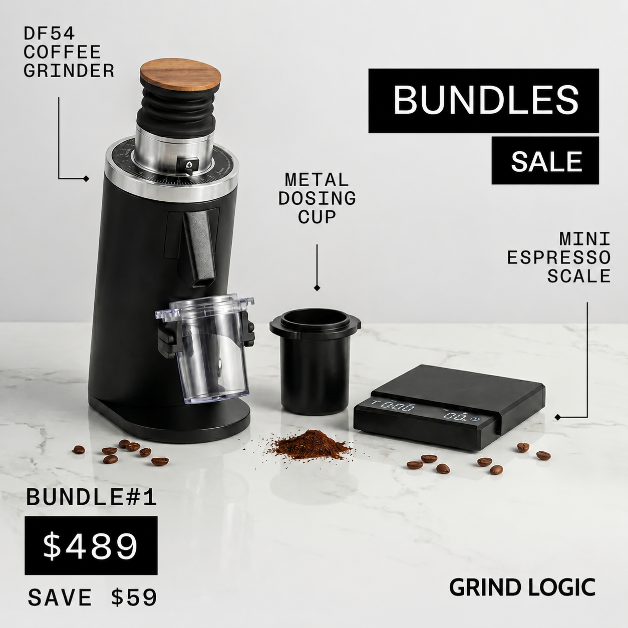 DF54 Coffee grinder bundle set on a light marble surface with text callouts. The set includes a black coffee grinder with wood top, a metal dosing cup, a mini espresso scale, and scattered coffee beans and ground coffee.