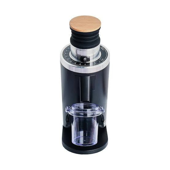 Front Facing DF54 Coffee Grinder black with dosing cup and bellows
