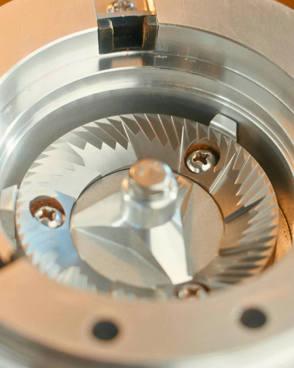 DF64 Coffee Grinder burrs close up - 64mm stainless steel flat burrs