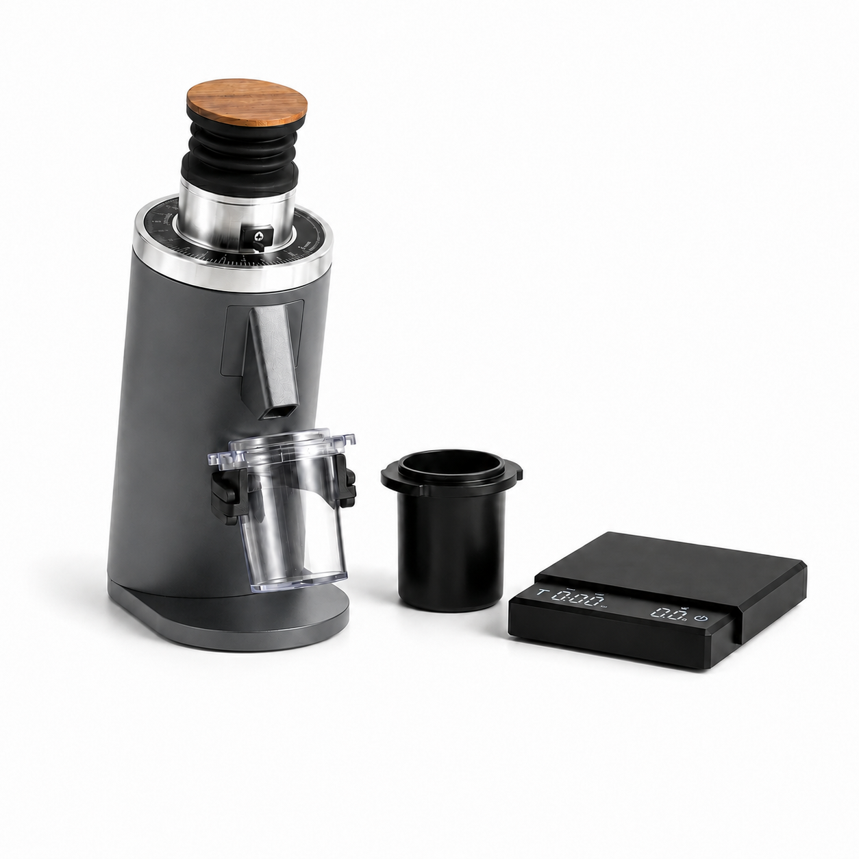White DF54 Espresso Bundle - Grinder with black andoised aluminium dosing cup and White Grind Logic mini Espresso Scale - Grind Logic