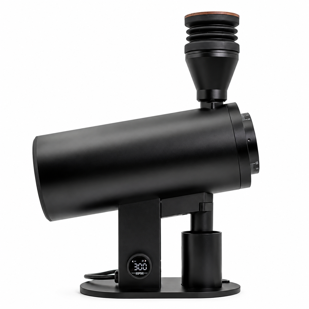 Black DF83V variable-speed coffee grinder in side view with bellows hopper and RPM display – Grind Logic