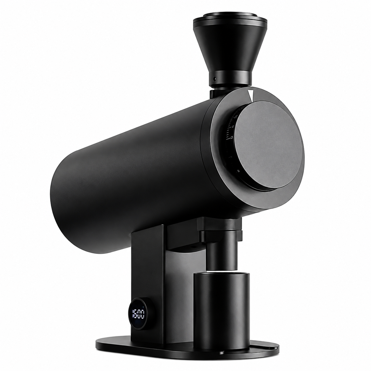 Black DF83V variable-speed coffee grinder from the front with adjustment dial and dosing cup – Grind Logic