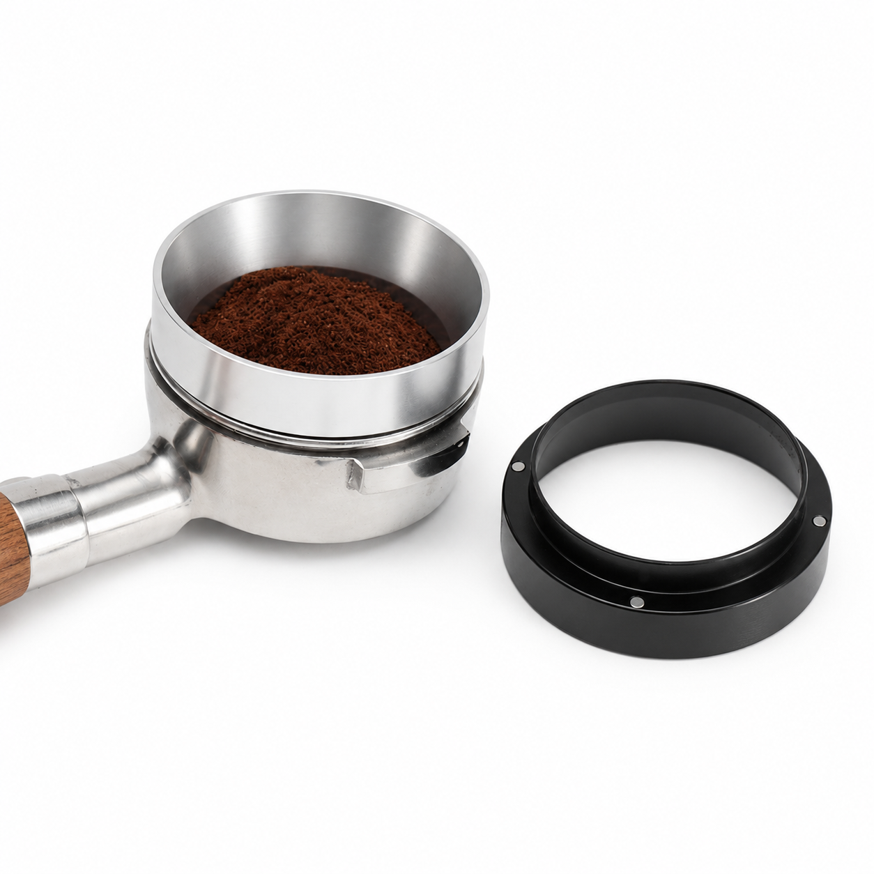 Grind Logic silver magnetic dosing funnel fitted to a portafilter beside a black dosing funnel on a white background 