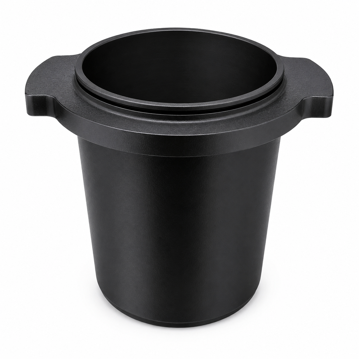 Black Aluminium metal dosing cup against white background for DF54 coffee grinder and DF64 Coffee Grinder