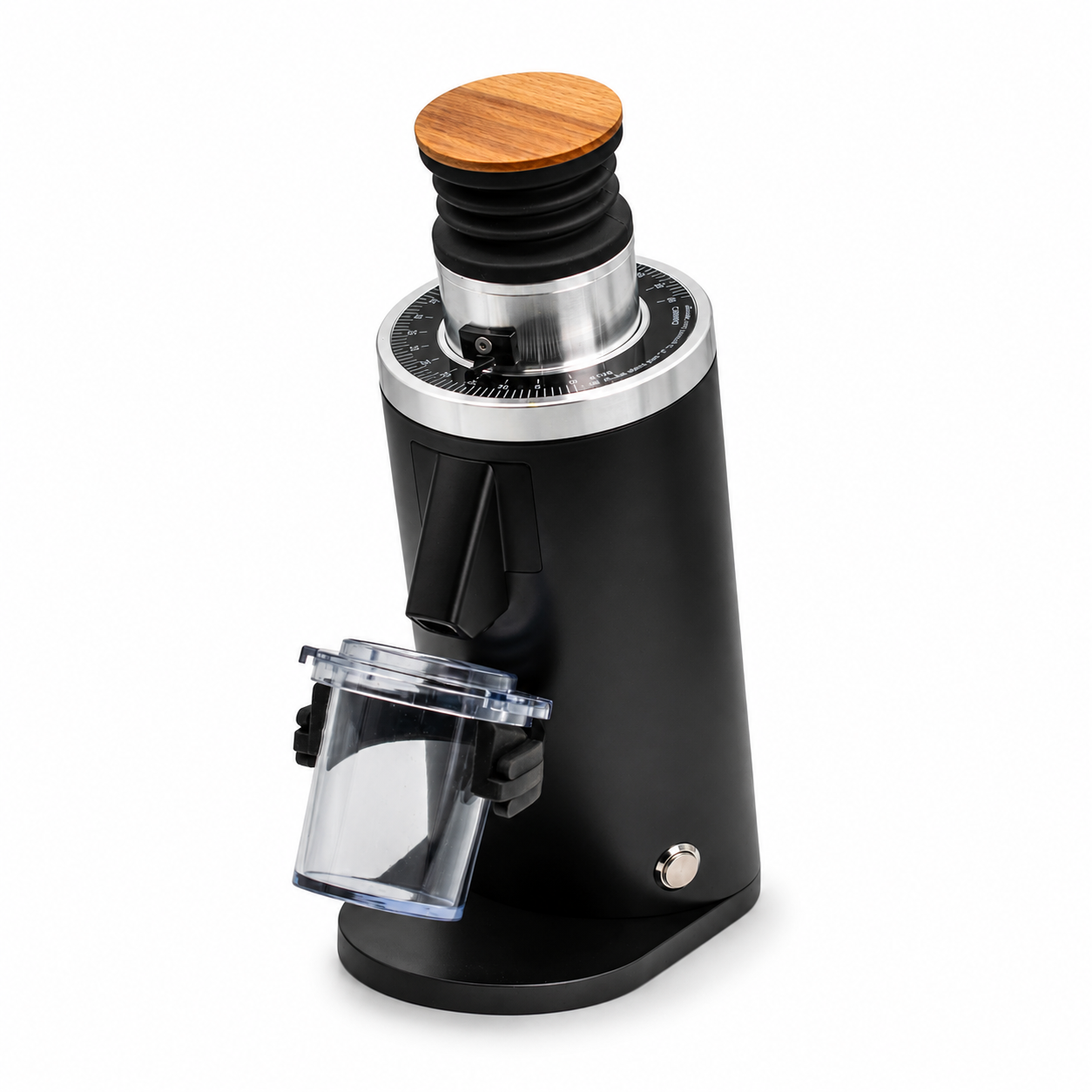 A black DF54 electric coffee grinder with a wooden top, a clear dosing cup, and a silver dial, shown on a white background.