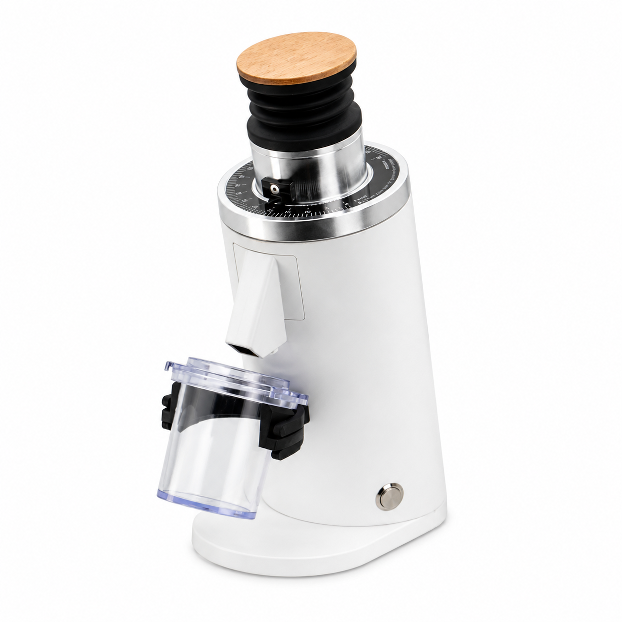 A white electric DF54 coffee grinder with a clear dosing cup, a black and silver dial