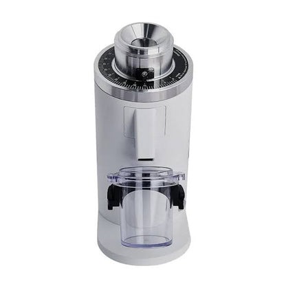 Front facing white DF54 Coffee Grinder without bellows and with dosing cup