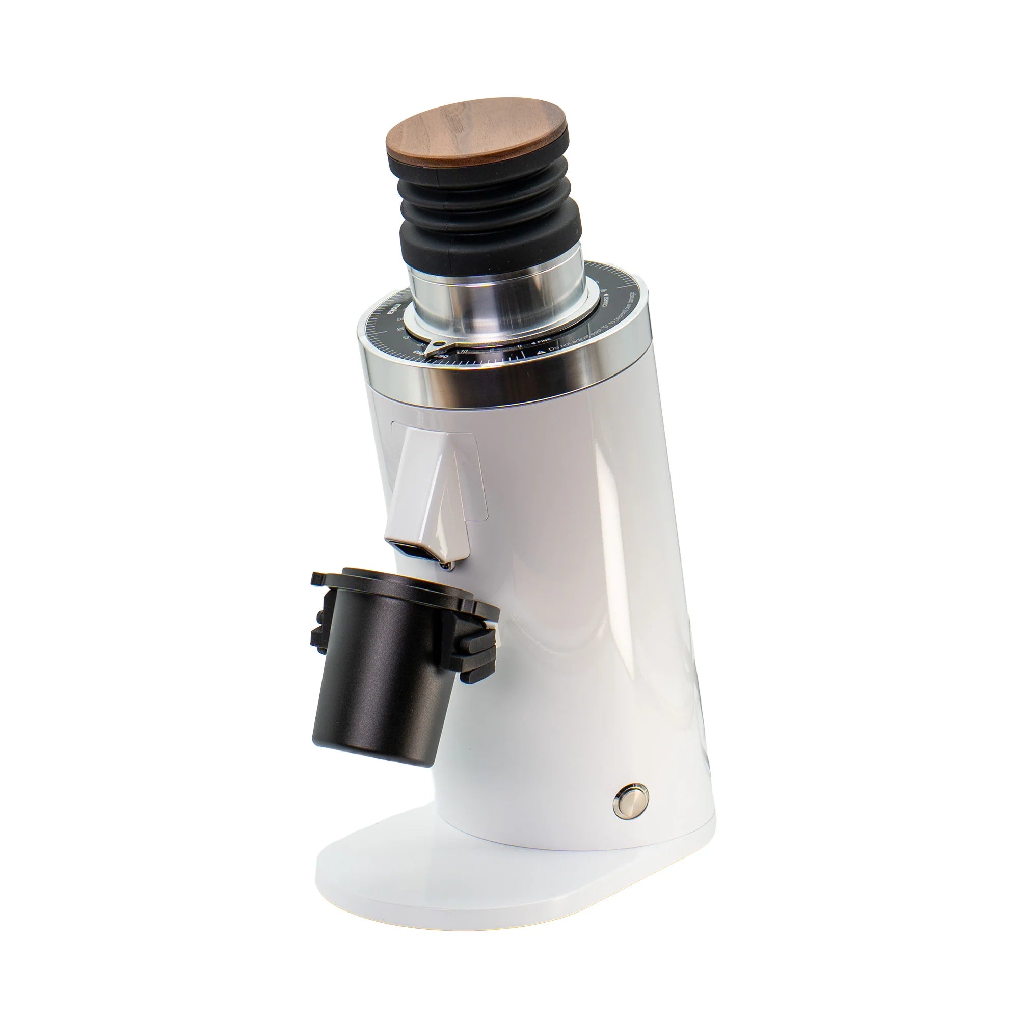 White and silver DF64 Gen 2 with wooden lid on top of bellows against a white background
