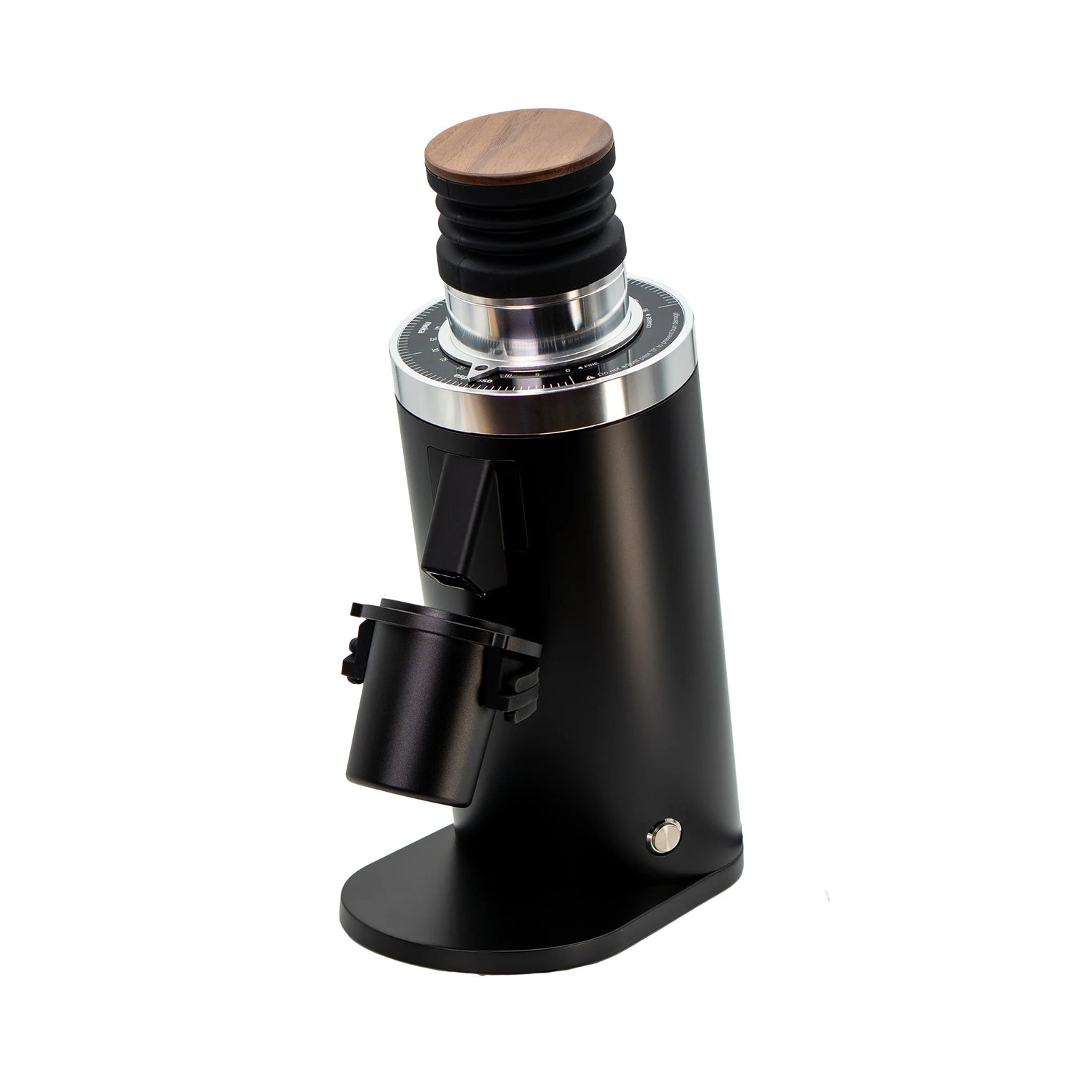 Black DF64 Gen 2 Coffee grinder with wooden lid on a white background