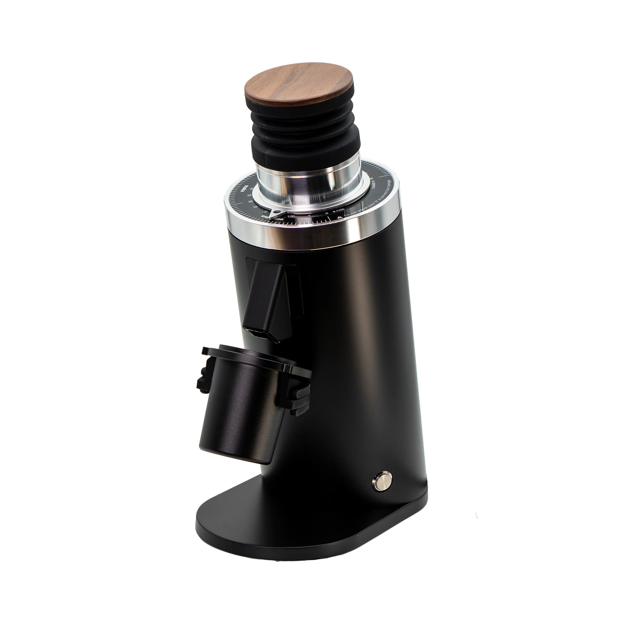 Black DF64 Gen 2 Coffee grinder with wooden lid on a white background