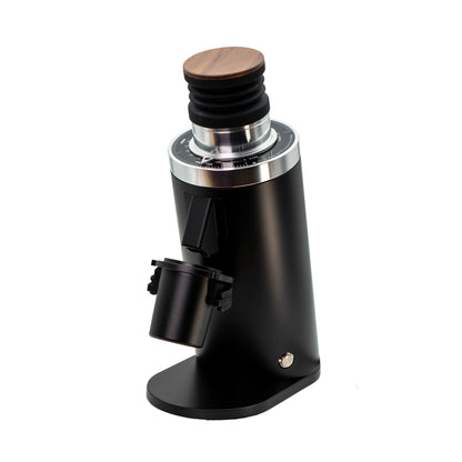 Black DF64 Gen 2 Coffee grinder with wooden lid on a white background