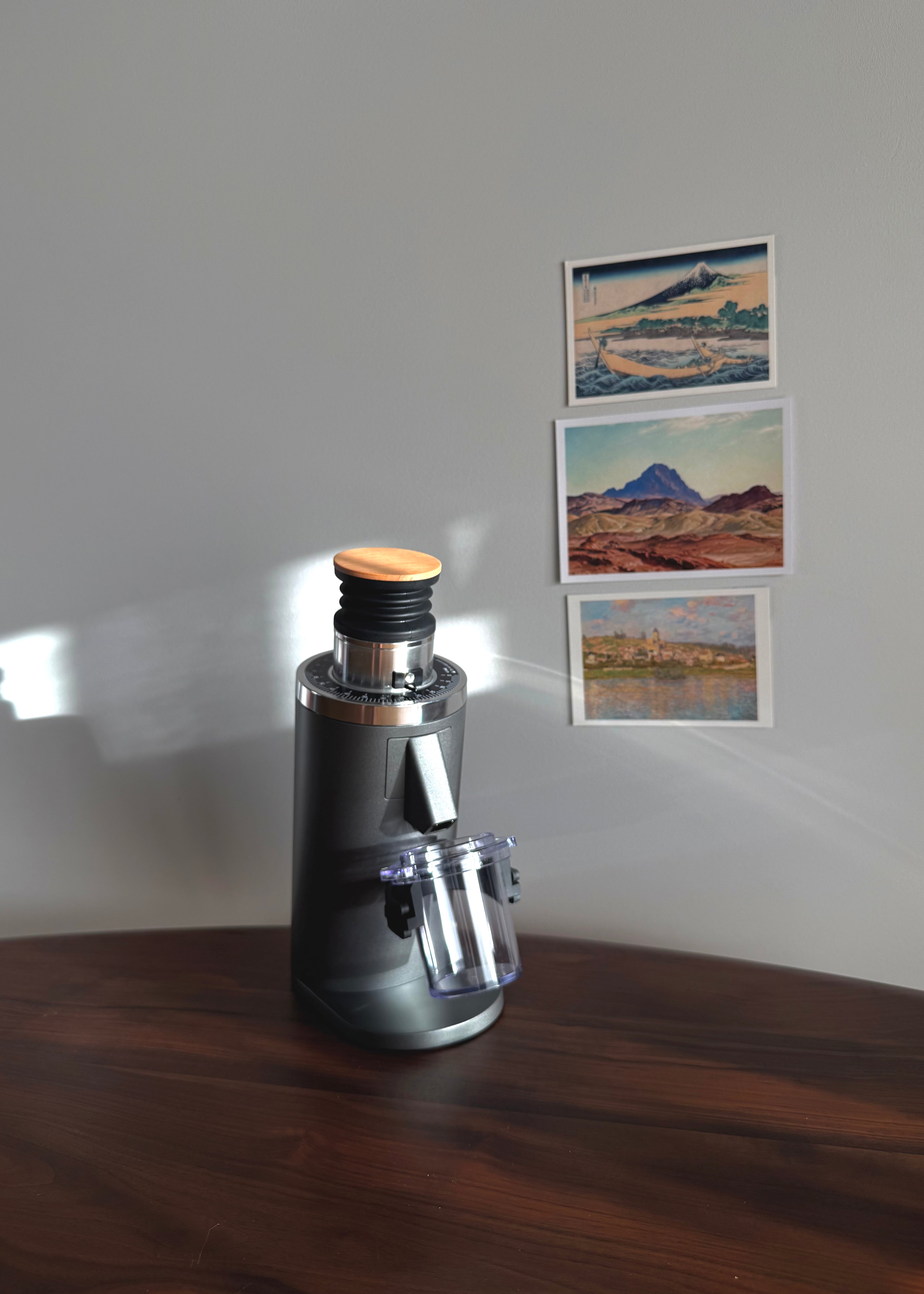 Grey DF54 Coffee Grinder on wooden surface - Grind Logic 