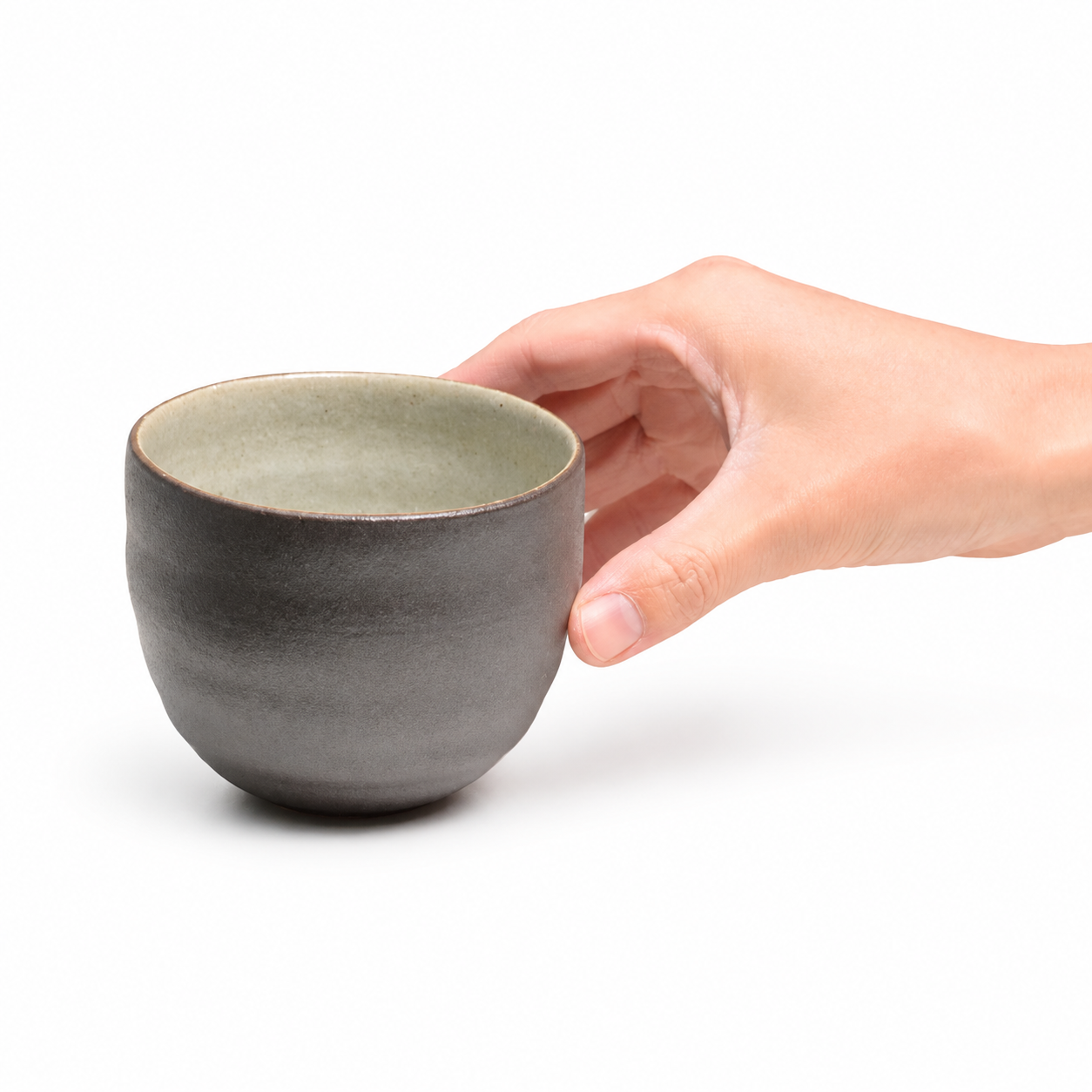 Hechimon Shigaraki Ware cup - 300ml natural glaze with hand for scale