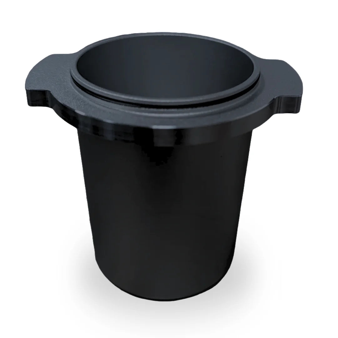 Black Aluminium metal dosing cup against white background for DF54 coffee grinder and DF64 Coffee Grinder