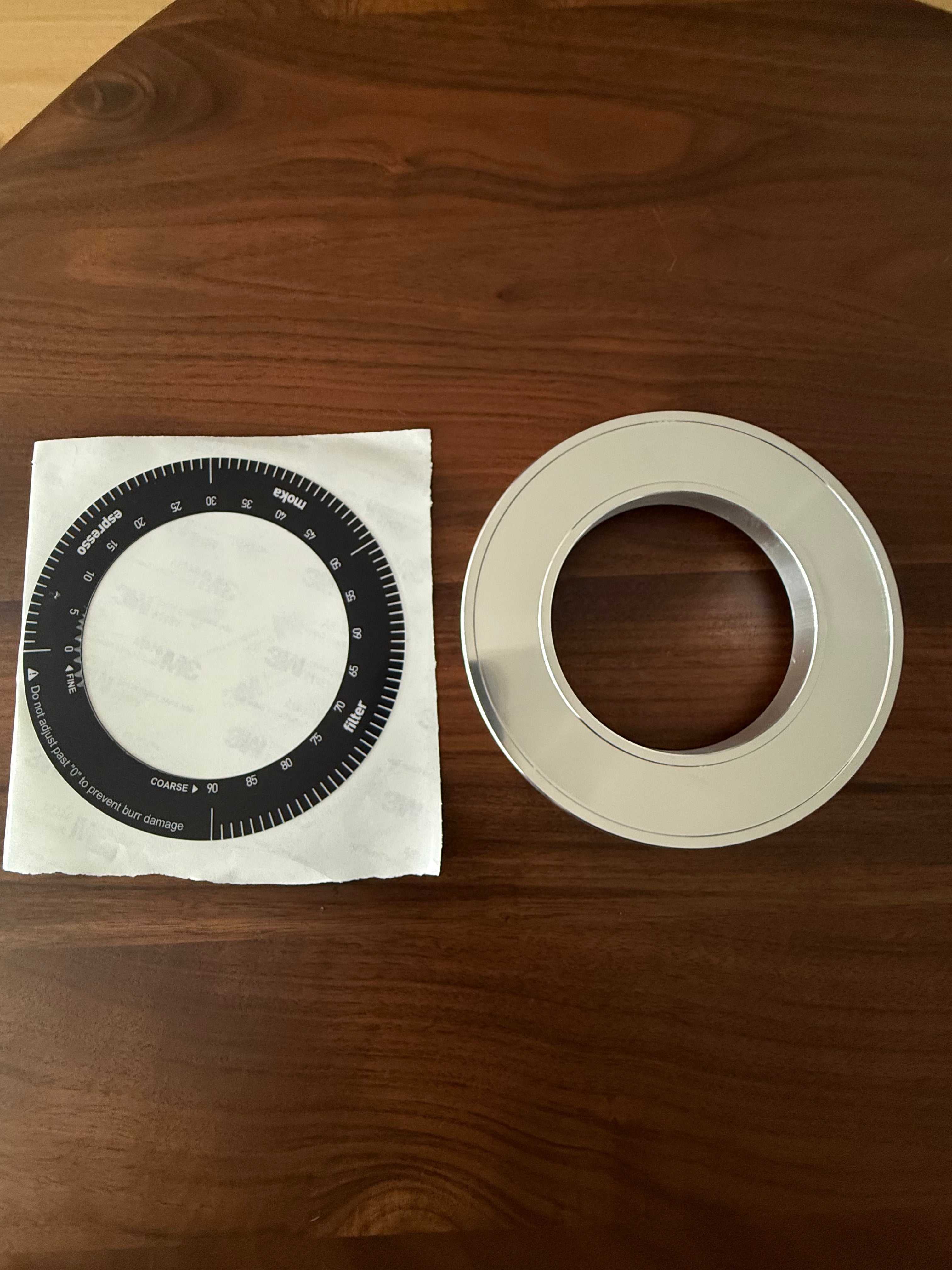Replacement Collar and Dial Sticker for DF64 Gen 2 Coffee Grinder on wooden surface 