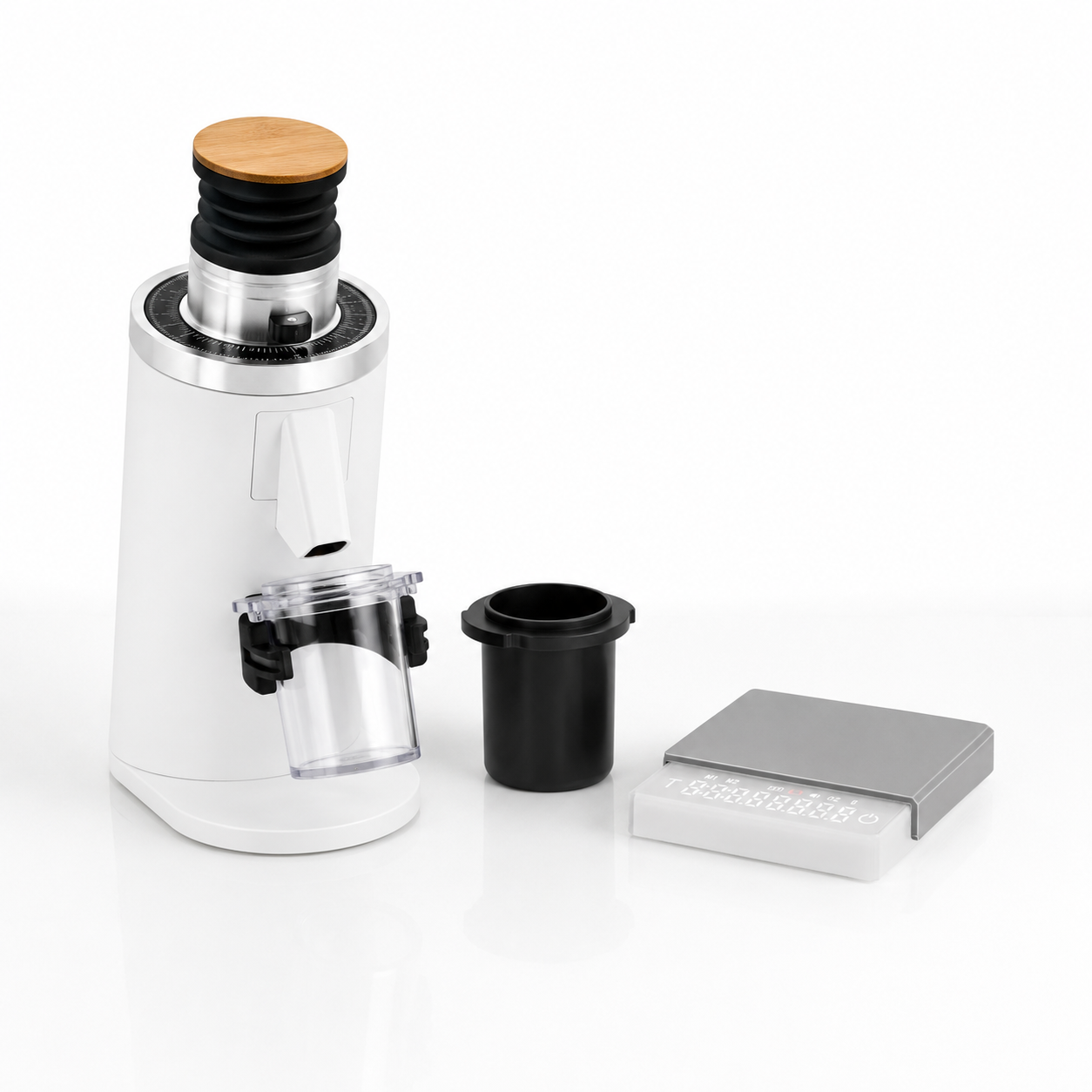 White DF54 Espresso Bundle - Grinder with black andoised aluminium dosing cup and White Grind Logic mini Espresso Scale - Grind Logic 
