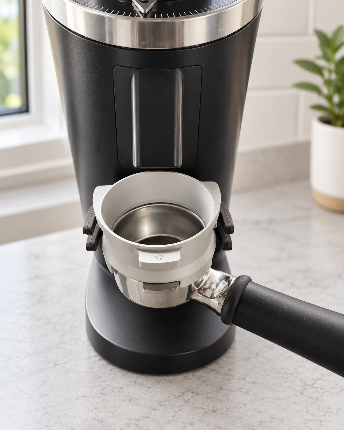 White twist-lock dosing funnel fitted to a Breville 54mm portafilter and resting on the DF64 Gen 2’s 58mm portafilter fork - Grind Logic