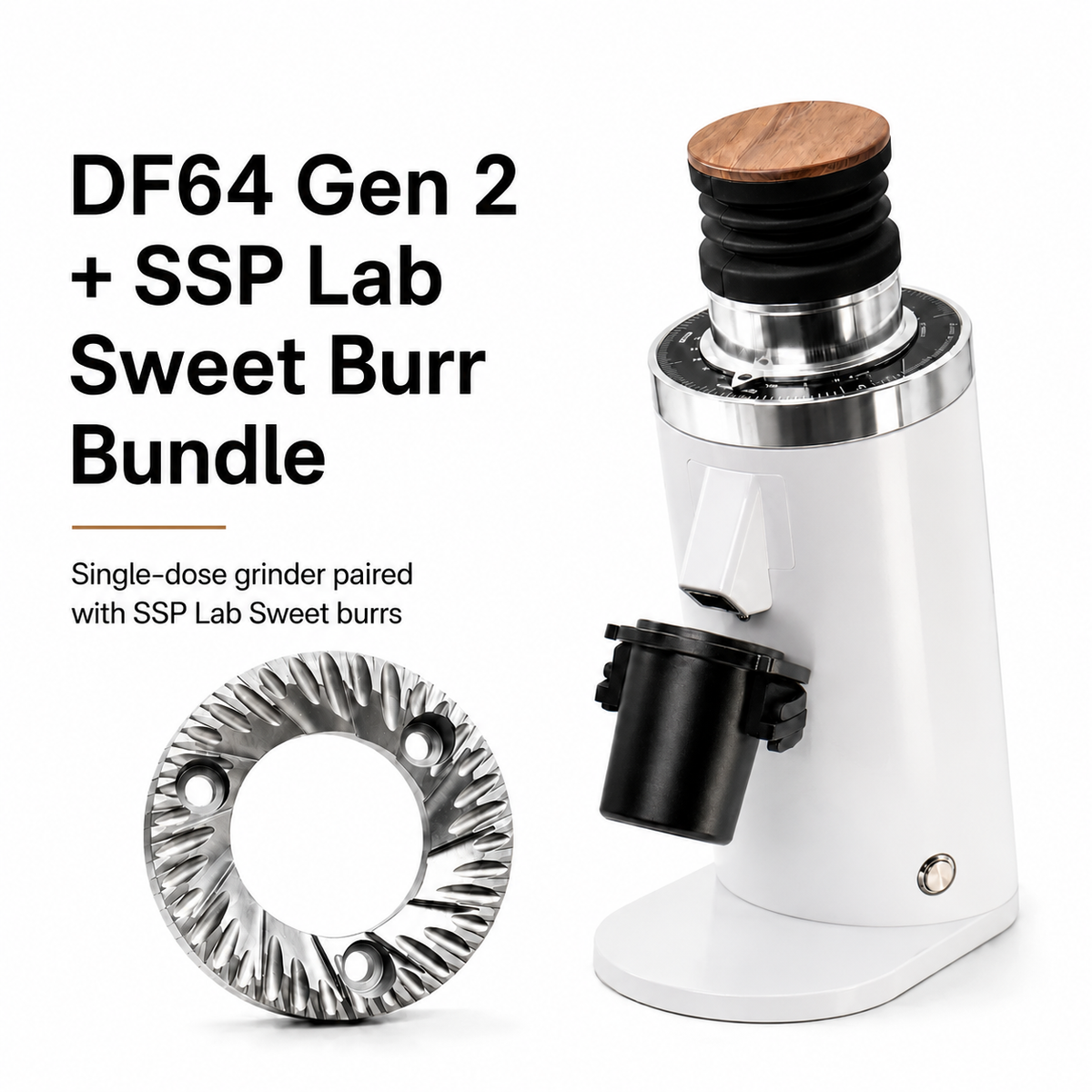 White DF64 Gen 2 coffee grinder beside a 64mm SSP Lab Sweet burr