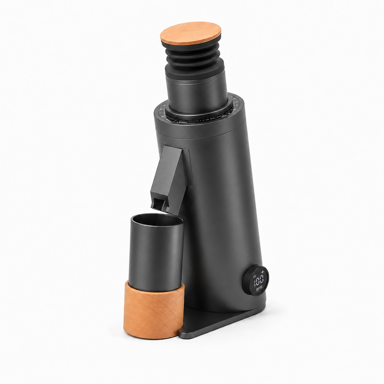 Grey DF64V V3 single-dose coffee grinder with variable RPM display, bellows and dosing cup - Grind Logic