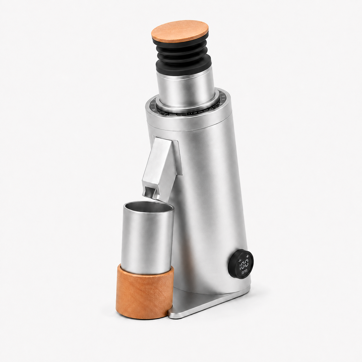 Silver DF64V V3 single-dose coffee grinder with bellows and stainless-steel dosing cup - Grind Logic