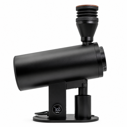 Black DF83V variable-speed coffee grinder in side view with bellows hopper and RPM display – Grind Logic