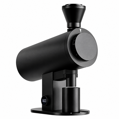 Black DF83V variable-speed coffee grinder from the front with adjustment dial and dosing cup – Grind Logic