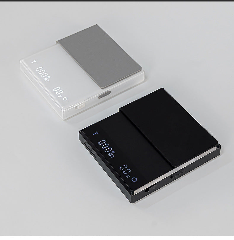 Grind Logic Brew Scale in black and white with digital weight and timer displays
